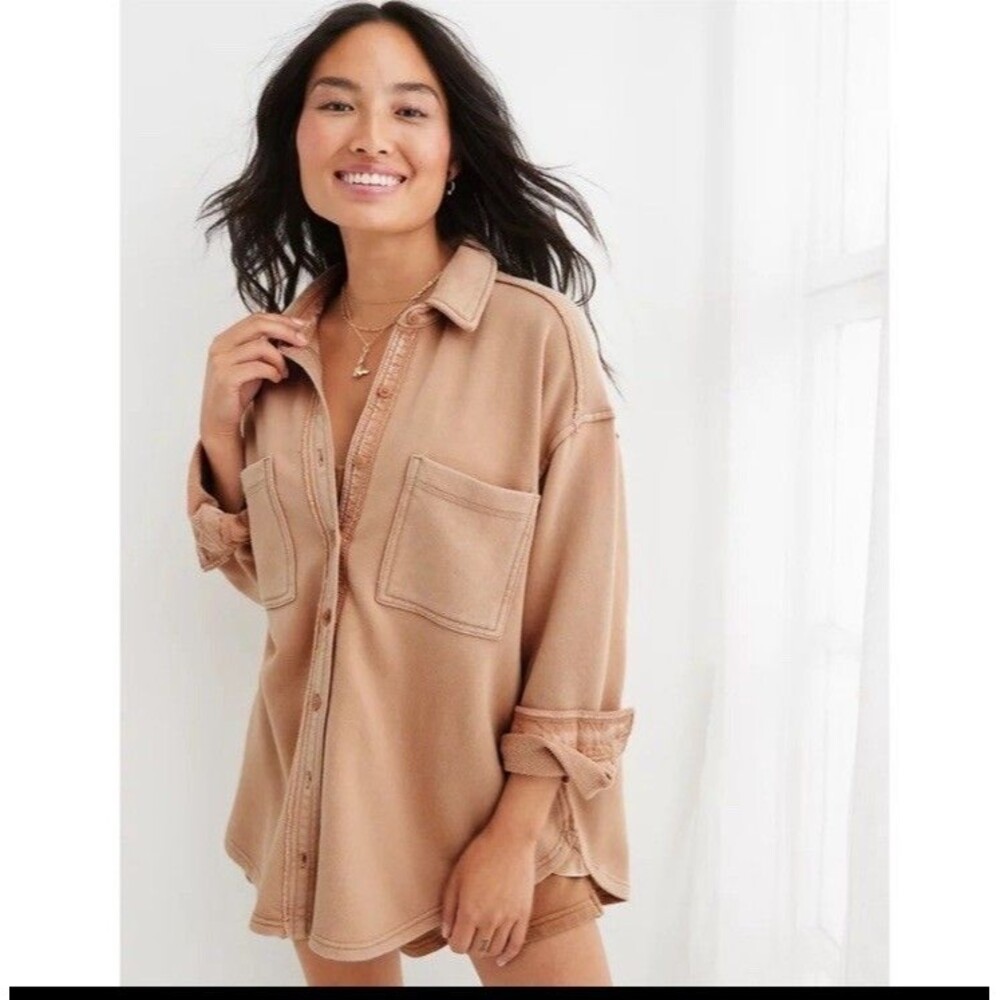 Aerie LumberJane Fleece Shirt Sz XS Boxy Oversized Cozy Button Down
